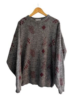 90s Knit Sweater Geometric Pattern Grandpa Style Chunky Crewneck